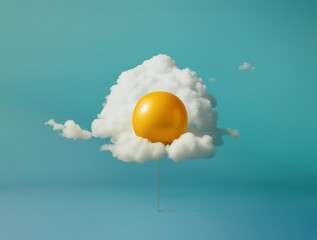 Yellow ballon floating in front of a fluffy cloud. Fried egg association background. - 746111883