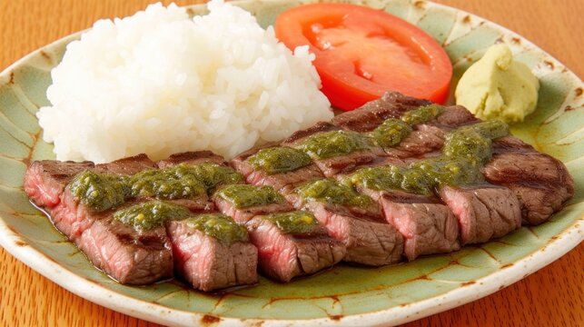 a close up of a plate of food with meat, rice, and veggies on a wooden table.
