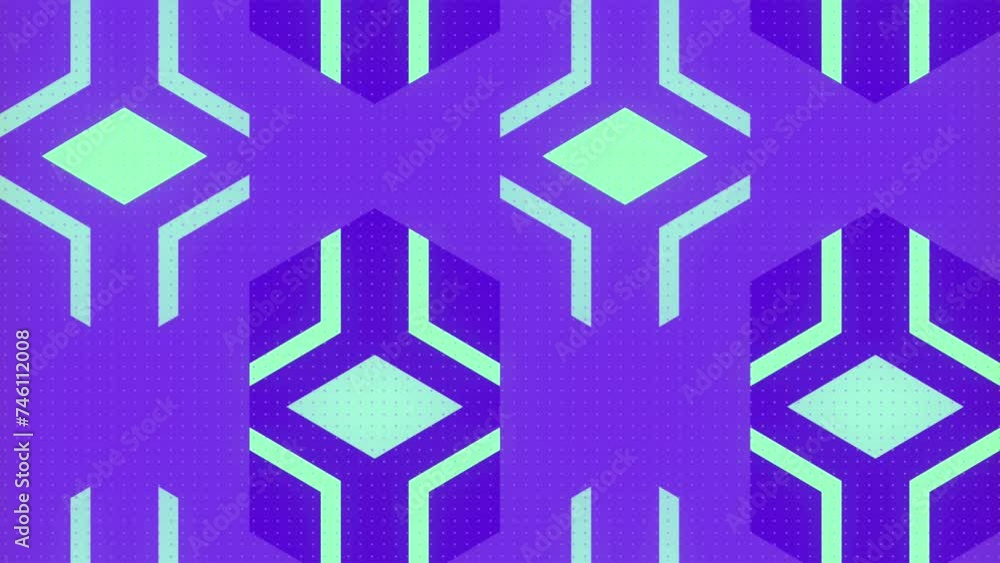 Poster Digital loop animation with a geometric pattern of a series of interconnected shapes on a purple background. Symmetrical composition. Modern and abstract style. 3d rendering 4K
