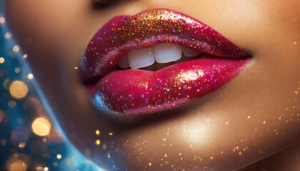 Closeup of a woman's lips wearing glittery lipstick