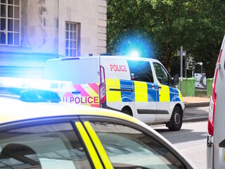 UK British Police Vehicles on Scene of Emergency - Blue Lights