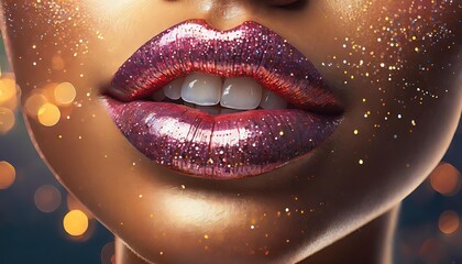 Closeup of a woman's lips wearing glittery lipstick - obrazy, fototapety, plakaty