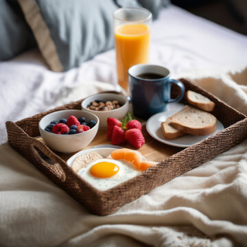 Closeup photo of a nutritious breakfast spread on a bamboo cutting board on top of a cozy bed in the morning.

