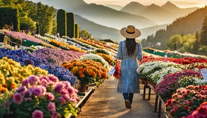 Woman farmer brings fruits, vegetables, and flowers to the farmers market to sell fresh produce - obrazy, fototapety, plakaty