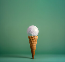 Golf ball on top an ice cream cone on a uniform green background. Playful juxtaposition background. - 746112273