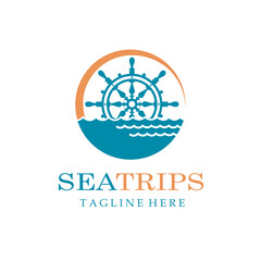 ship helm wheel icon with sea waves isolated on white background