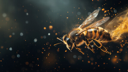 Close-up of a bee in flight on a dark background leaving a trail of nectar and pollen - obrazy, fototapety, plakaty