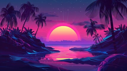 Fototapeta na wymiar Retro vaporwave/synthwave tropical landscape in shades of pink and blue
