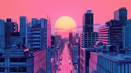 vaporwave and synthwave image. Retro magenta, blue, and purple scene with buildings in town