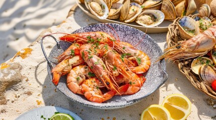 a table topped with a bowl of shrimp next to a plate of mussels and a basket of lemon wedges.