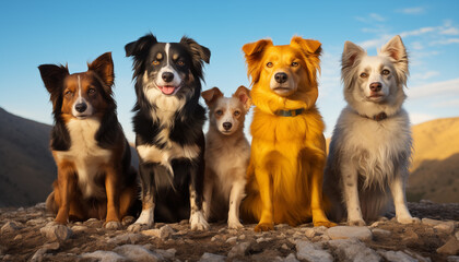 dogs of different breeds sit next to each other and look at the camera against the background of a pastel wall. 