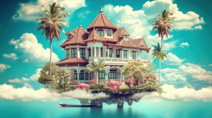 Obraz premium a painting of a house on a floating island in the middle of a body of water surrounded by palm trees.