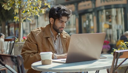 Indian man, 25, working on laptop at outdoor café
