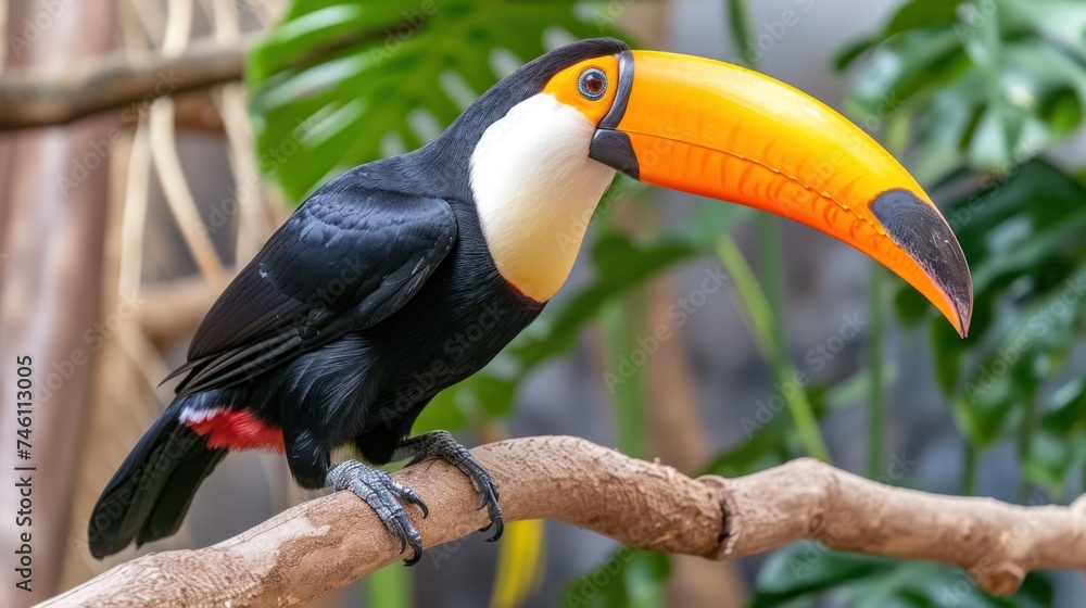 Poster a toucan sitting on a tree branch with a large orange and black toucan in the background.