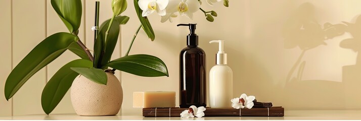 Blank bottles and bar soap with natural ingredients for bathroom product mockup. - obrazy, fototapety, plakaty