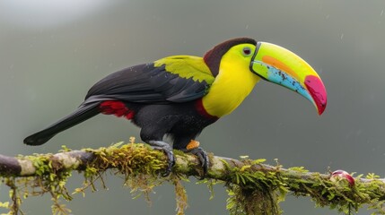 Fototapeta premium a colorful toucan perched on a tree branch with moss growing on it's sides and a rain shower in the background.