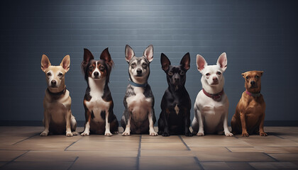 dogs of different breeds sit next to each other and look at the camera against the background of a pastel wall. 