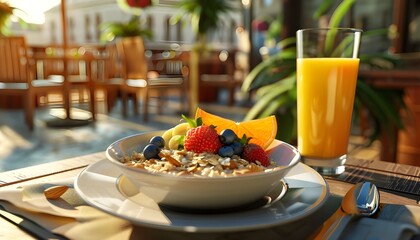 Delicious oatmeal dish with a glass of orange juice on a terrace table at a restaurant
