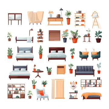 House interior furniture set. Tables, sofa, bed, chairs, shelves, chest of drawers and kitchen piece. Items for home bedroom, bathroom, dining. Flat vector illustrations isolated on white background