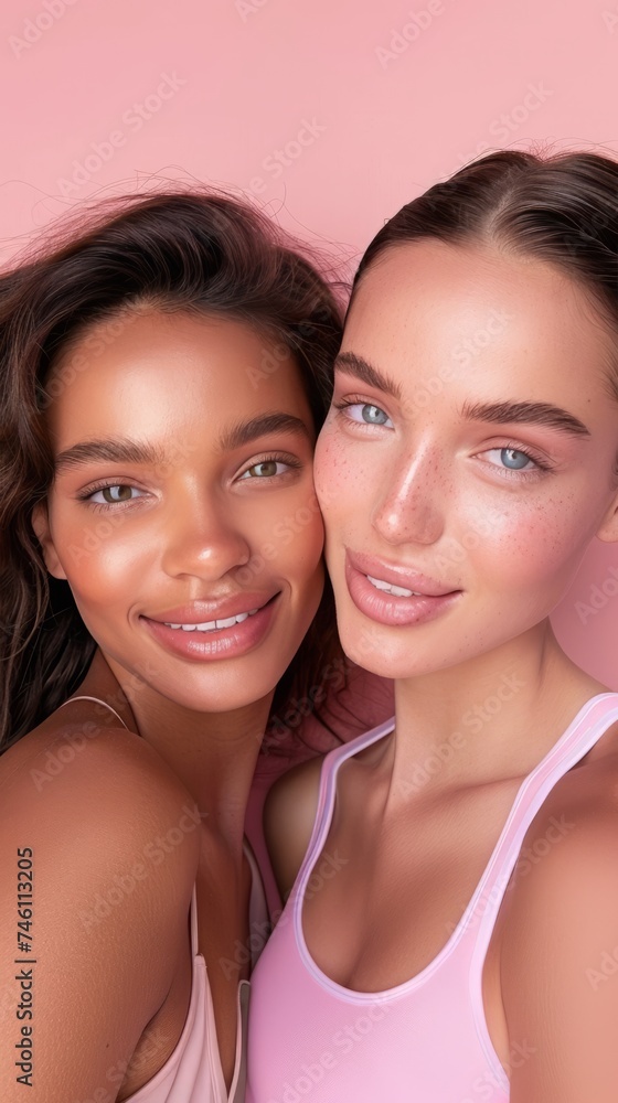 Wall mural portrait of two cheerful young women standing together with perfect skin headshot portrait on black 