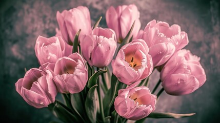 a vase filled with pink tulips sitting on top of a wooden table next to a gray wall in a room.
