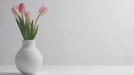 a white vase filled with pink tulips sitting on top of a white table next to a white wall.