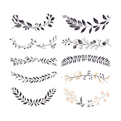 Laurel and floral text dividers doodle set. Wedding decorative elements with leaves and flowers. Branches, divider ornament, borders, lines. Hand drawn vector illustration isolated on white background