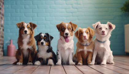 five dogs of different breeds sit next to each other and look at the camera against the background of a pastel wall. 