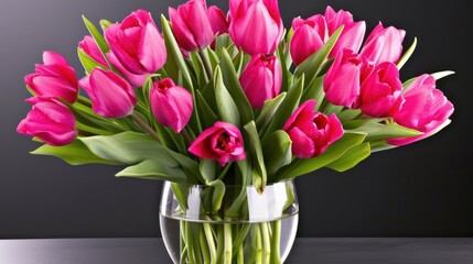a vase filled with pink tulips sitting on top of a table next to a gray wall and a black wall.