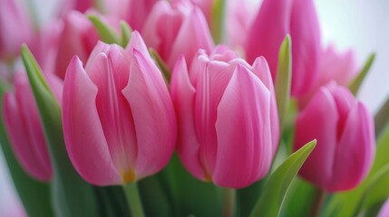 a close up of a bunch of pink tulips with green stems in the foreground and a blurry background.