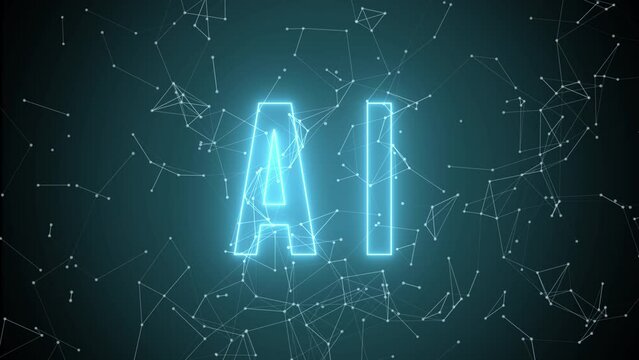 Video looping neon animation of intertwined particles and AI abbreviation for background



