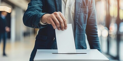 Man in jacket casting vote by dropping blank card into ballot box during the political election - obrazy, fototapety, plakaty