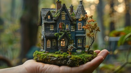 Hand holding a model home. Real estate and homeownership concept - obrazy, fototapety, plakaty