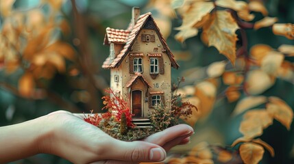 Hand holding a model home. Real estate and homeownership concept