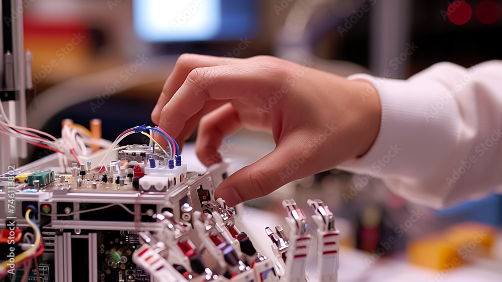 Poster a close-up of an engineer's hand adjusting the electronic components of a sophisticated robotic arm,