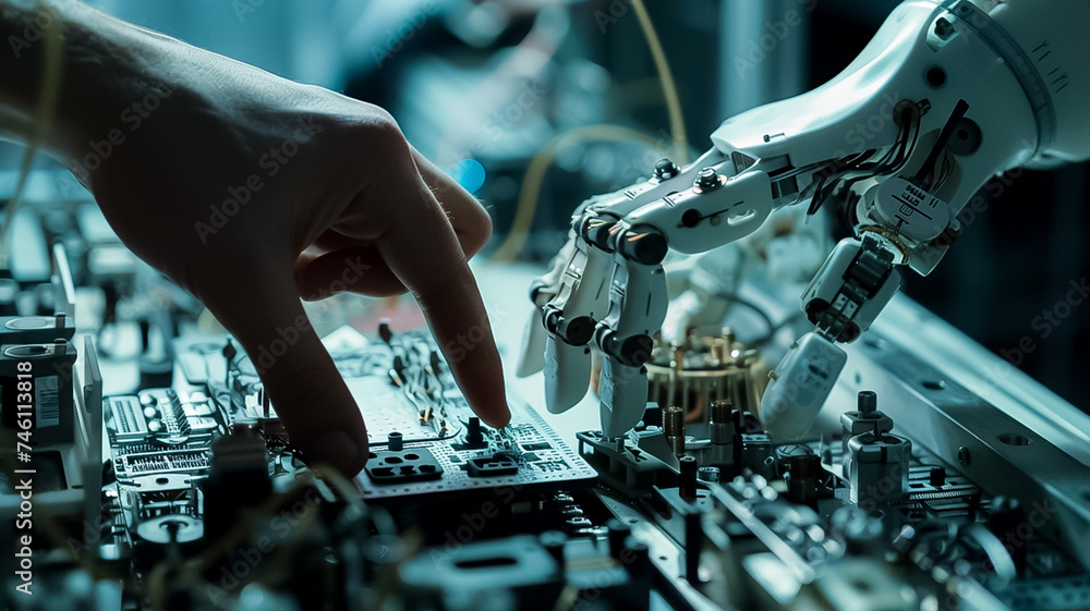 Poster a close-up of an engineer's hand adjusting the electronic components of a sophisticated robotic arm,