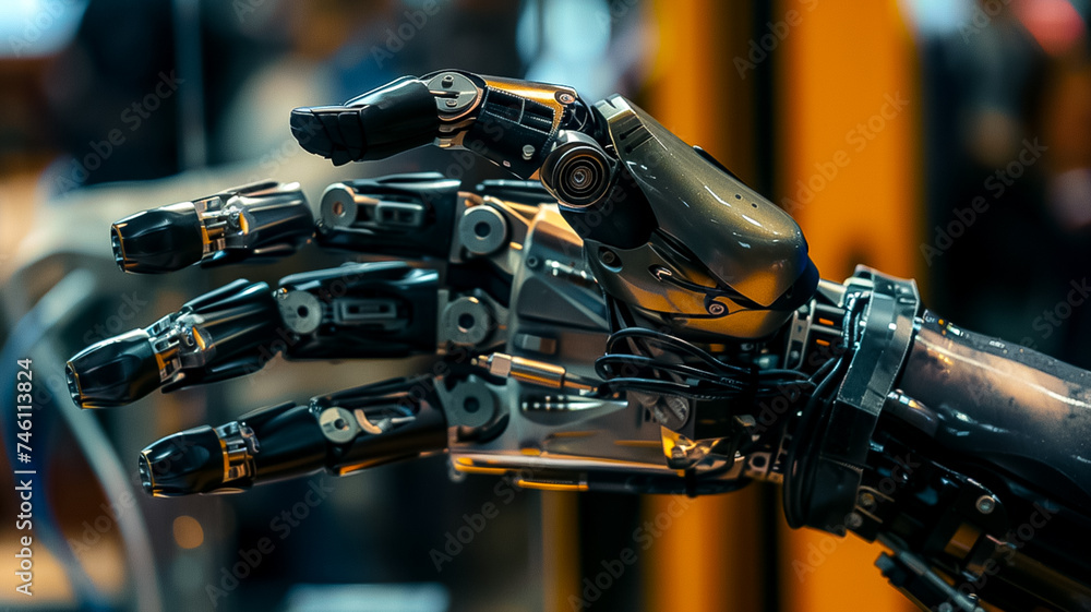 Poster a close-up of an engineer's hand adjusting the electronic components of a sophisticated robotic arm,
