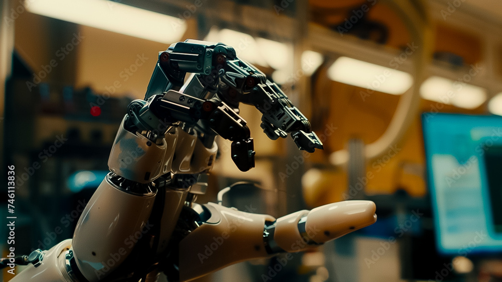 Poster a close-up of an engineer's hand adjusting the electronic components of a sophisticated robotic arm,