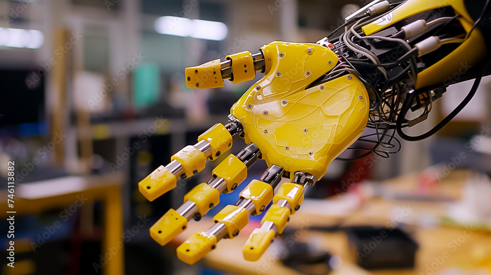 Poster a close-up of an engineer's hand adjusting the electronic components of a sophisticated robotic arm,