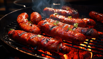 sausages are fried on a barbecue, top view.  - obrazy, fototapety, plakaty