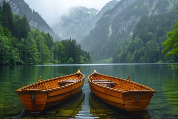 Two wooden rowboats float idly on a crystal-clear mountain lake, surrounded by lush greenery and a...