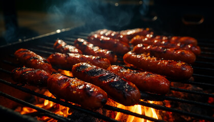sausages are fried on a barbecue, top view. 