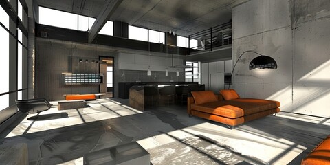 Industrial living room - contemporary interior design with couch, windows, and furniture in the den of a home - obrazy, fototapety, plakaty