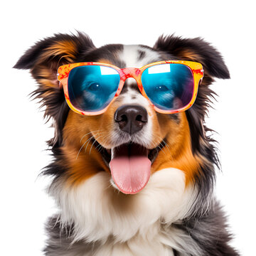 Australian Shepherd in Sunglasses: A Cute and Happy Dog Portrait, Isolated on Transparent Background, PNG