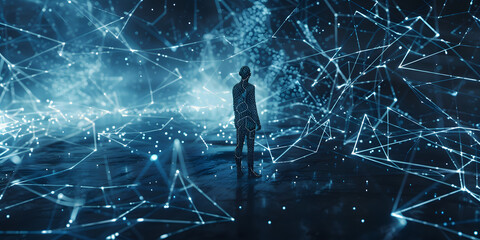 person in a network of lines standing in a nighty space, in the style of light-focused, futuristic landscapes