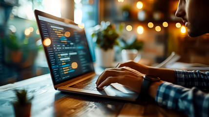 A data analyst intently studies complex financial data displayed across multiple computer screens in a modern office setting