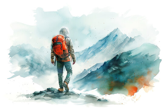 middle age hiker looking into the distance in mountains, watercolor painting, copy space, blue pastel color