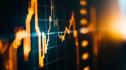 A dynamic stock market graph line ascends on a dark, blurred background, symbolizing financial growth and market analysis - obrazy, fototapety, plakaty