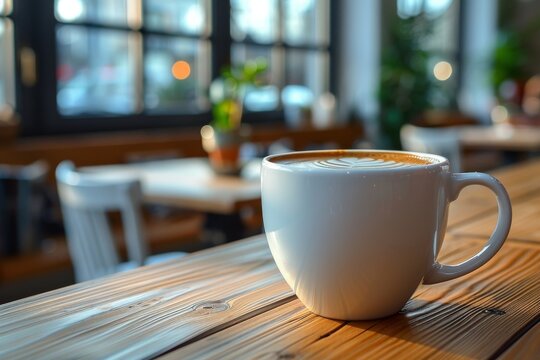 A aesthetically pleasing image of a latte with latte art on a wooden table inside a well-lit cafe, promoting relaxation and enjoyment
