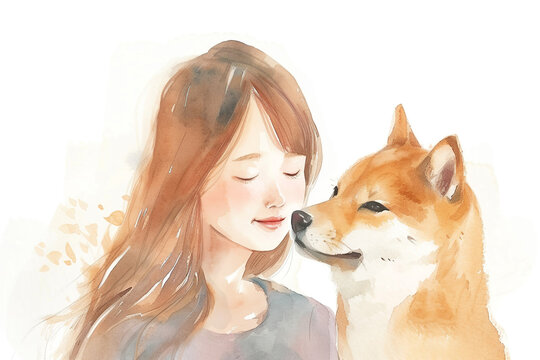 watercolor painting of asian girl with shiba inu dog, copy space, orange pastel color